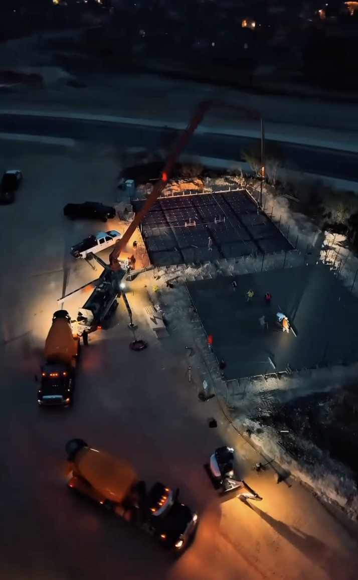 Aerial nighttime slab pour